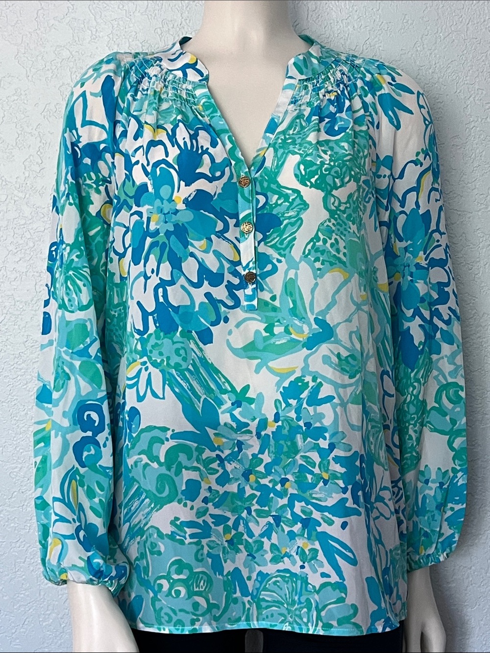 Lilly Pulitzer Elsa Silk Top Women’s XS Blue Green Floral Long Sleeve Blouse